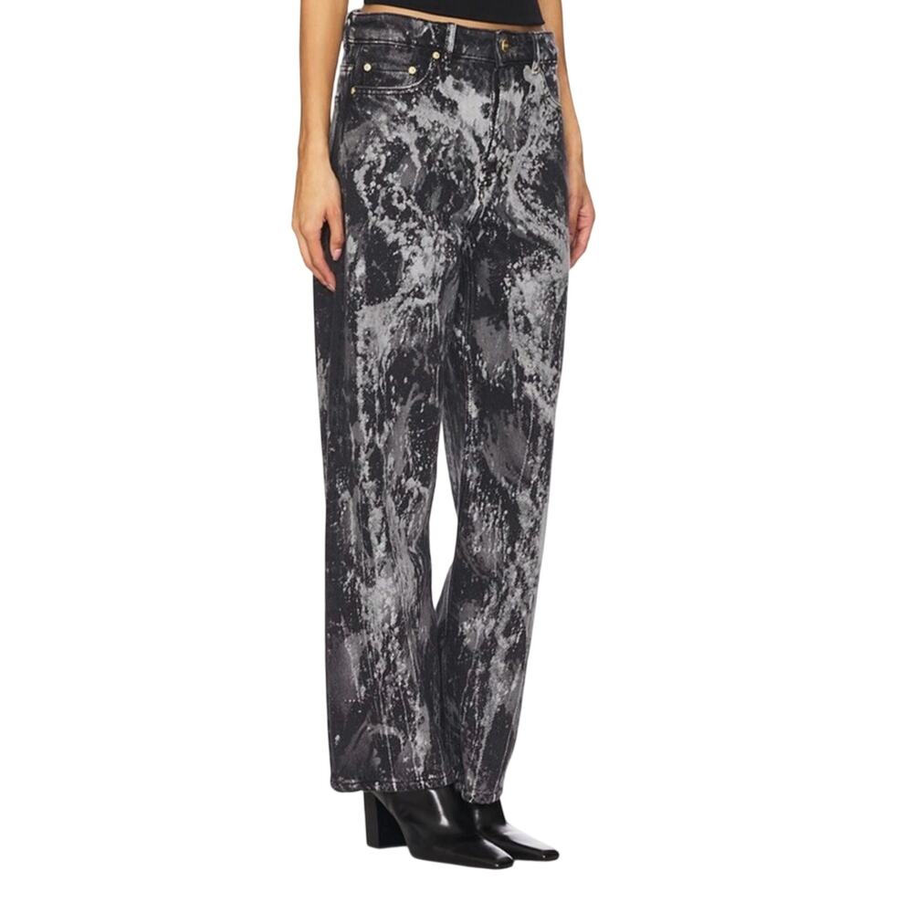 GANNI Izey Wide Leg Denim Splatter Paint Jeans Black White Women’s Size 27 NWT